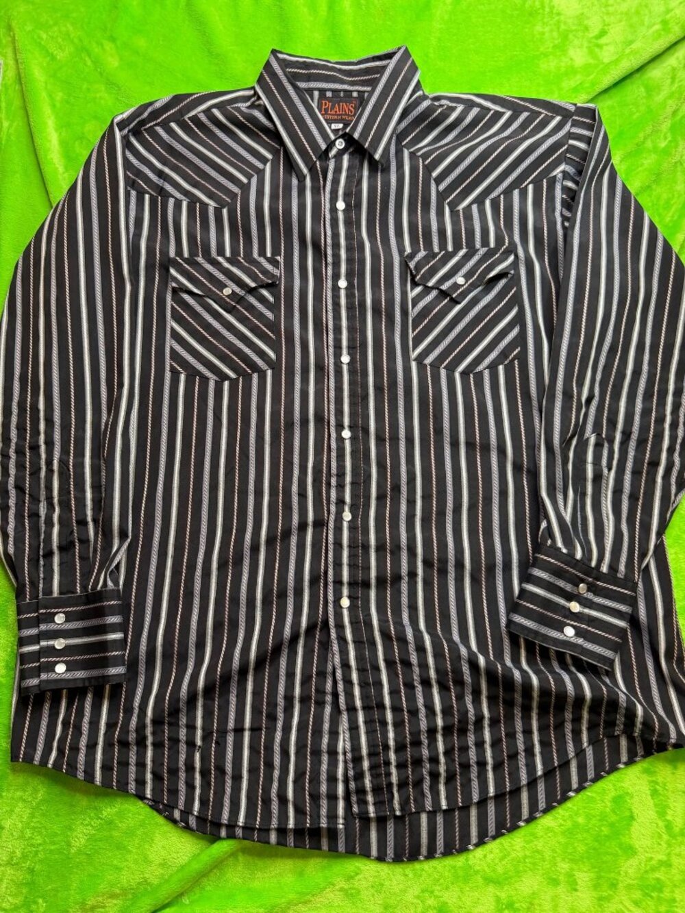 Plains Western Wear Striped Pearl Snap Shirt Sz XL Blk/Gray